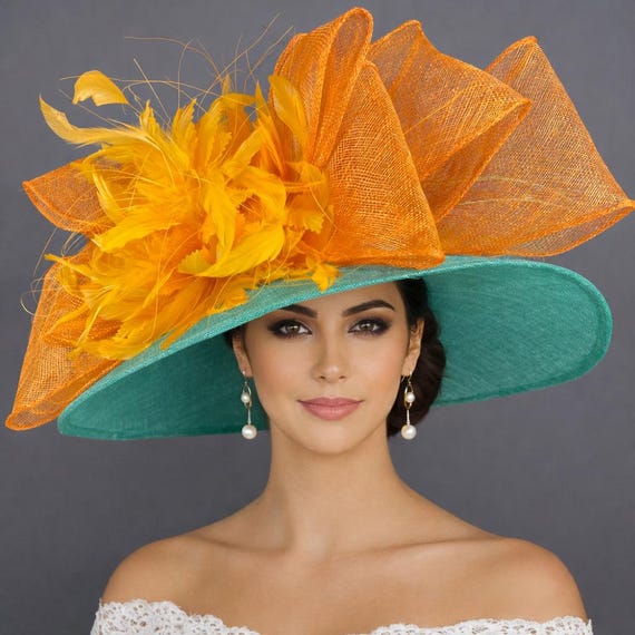 Adjustable Wide Brim Fascinator Hat with Bow Feather for Formal Occasions Kentucky Derby Hat Wide Brim Sinamay, Statement Bow Feather  main image 2