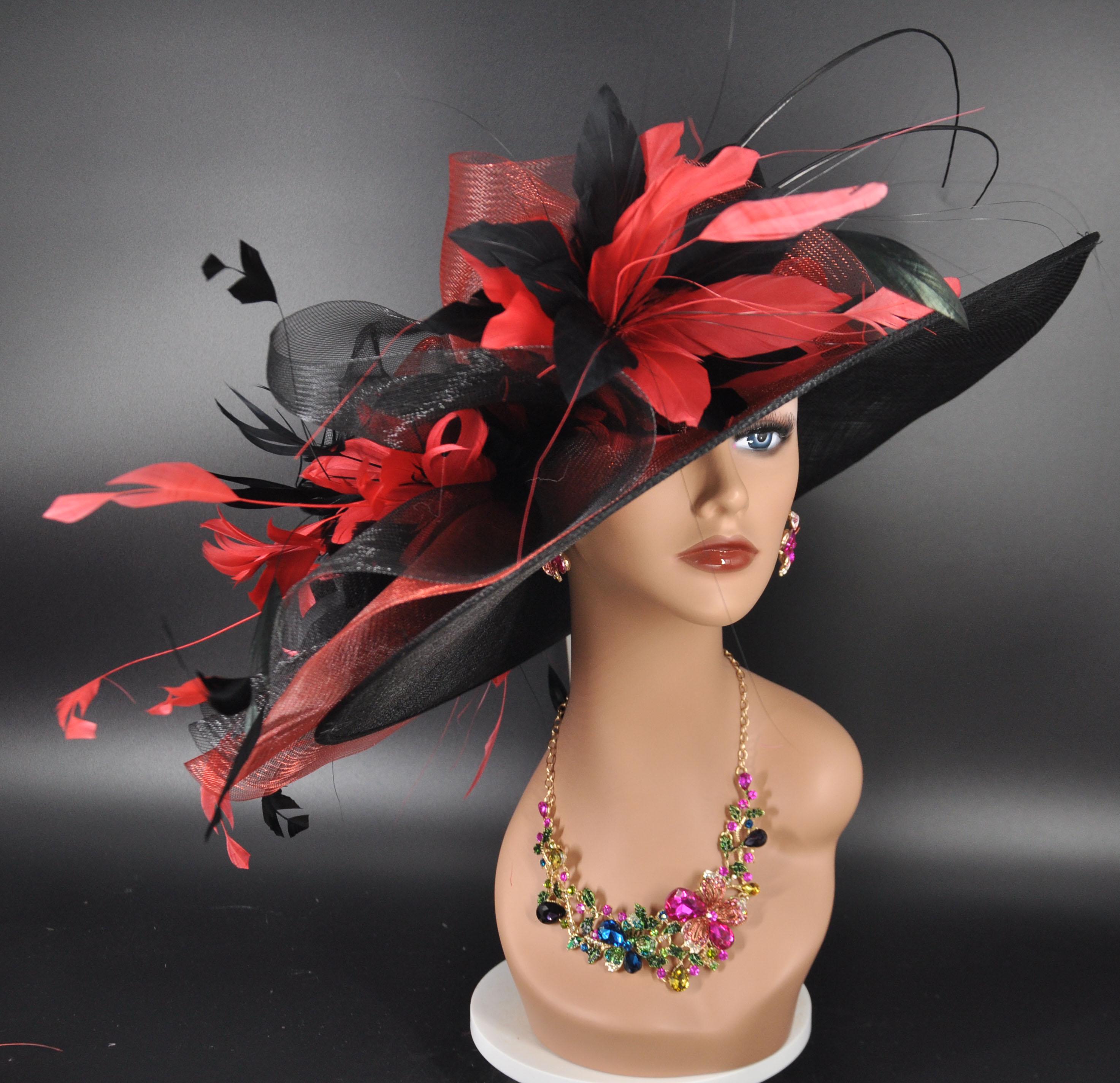 Red Wool Felt Hat Black Trim Feather Floral Church Derby Vintage Style Feather Derby Vintage Hats for Women for sale | eBay main image 3
