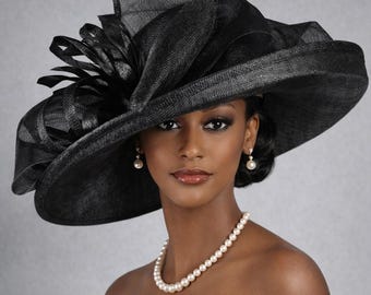 Wide Brim Sinamay  Hat for Kentucky Derby, Ascot Racing Hat, Elegant Wedding Guest Hat, Mother of the Bride Hat  Black