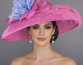 Fuchsia Pink Blue Feather Flower Kentucky Derby Hat,Ascot Hat for Wedding Tea Party, Garden Party Hat, Mother of the Bride, Church Oaks Day