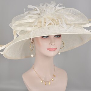 Church Kentucky Derby HatCarriage Tea Party Wedding  With Jumbo Feather Flower and Bows White SM21005