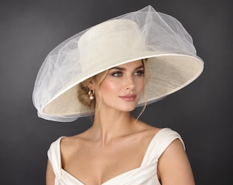 Ivory/ Off White  Wide Brim Sinamay  Hat with Veil, Royal Ascot Race Day Wedding Hat, Kentucky Derby Wedding Hat