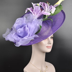 Purple w Lavender Lilac Green Sinamay Disc Fascinator Hat w  Jumbo Silk Flowers Kentucky Derby Hat, Easter Hat, Tea Party Hat, Wedding Hat