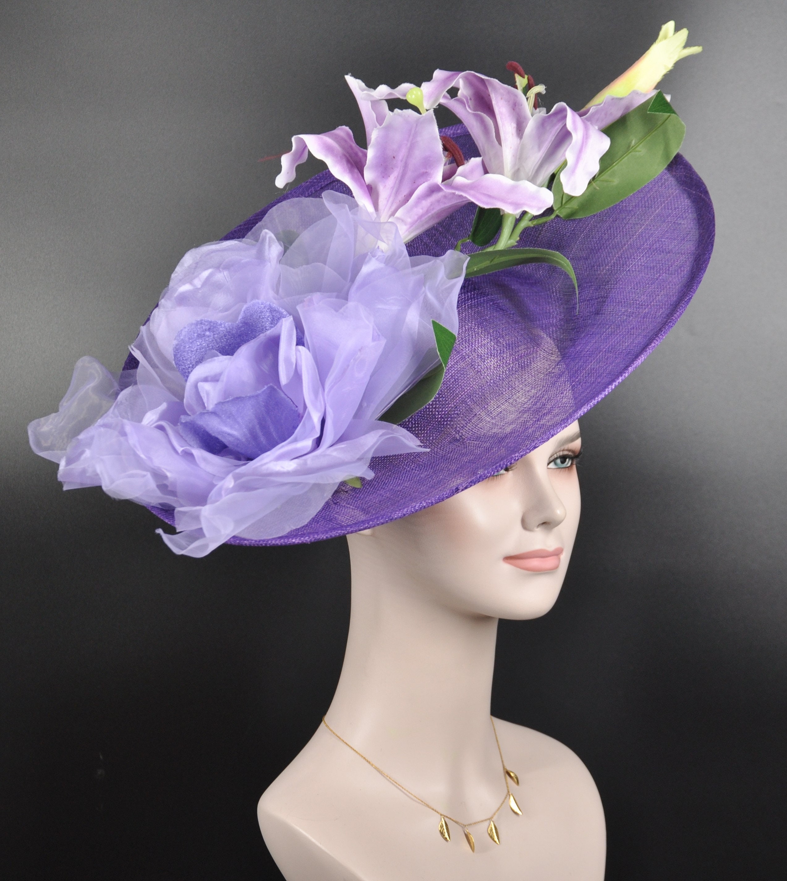 Purple Lilac Silk Flower Wide Brim Kentucky Derby Hat, Ascot 