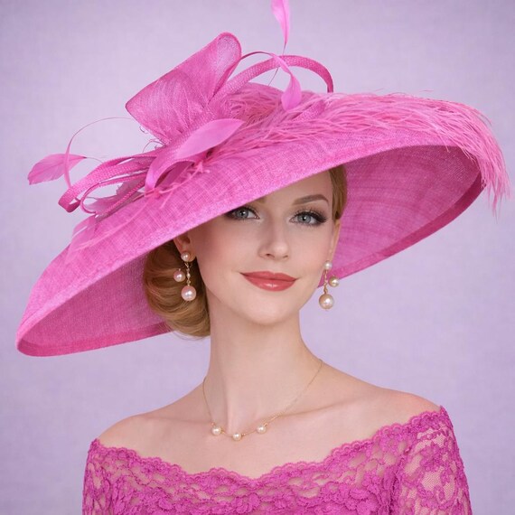 Fuchsia Hot Pink Wide Brim Sinamay Kentucky Derby Hat 