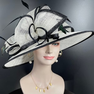 Church Kentucky Derby Hat Carriage Tea Party Wedding Wide Brim  Royal Ascot Hat in Solid Sinamay Hat White w Black