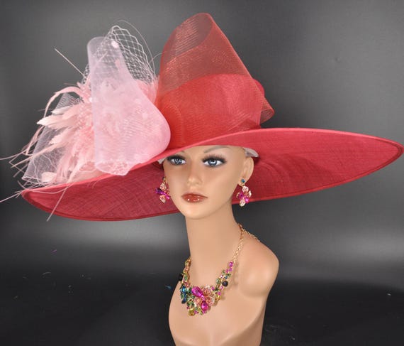 Wide Brim Sinamay Derby Hat: Red, Pink Feather Flower  display picture 2