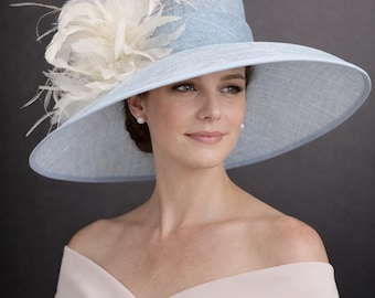 Powder Blue Ivory Feather Flower Wide Brim Kentucky Derby Hat,Ascot Hat for Wedding Tea Party, Garden Party Hat, Mother of the Bride, Church