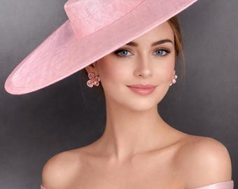 Tocado de sinamay de ala ancha rosa, sombrero Ascot Royal para bodas, carreras, Derby de Kentucky, fiestas, madre de la novia
