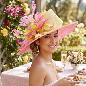 Hot Pink Green Wide BrimSinamay Hat,Kentucky Derby Hat, Ascot Royal Hat, Mother of The Bride Hat, Church Hat, Tea Garden Party Hat, Wedding