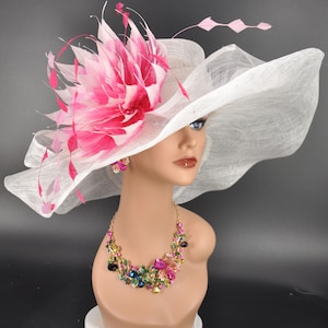 White w Fuchsia Hot Pink Pink Feather Flower Wide Brim Sinamay Hat Kentucky Derby Hat, Church  Wedding Hat, Easter Hat