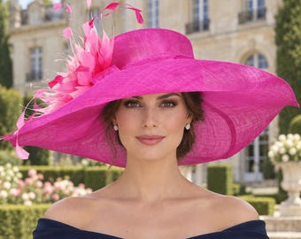 Wide Brim Kentucky Derby Hat, Ascot Hat for Wedding & Tea Party, Garden Party Hat, Mother of the Bride, Church Fuchsia Pink Feather Flower
