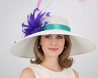 White Purple Pink Flower Wide Brim Kentucky Derby Hat, Ascot  display picture 2