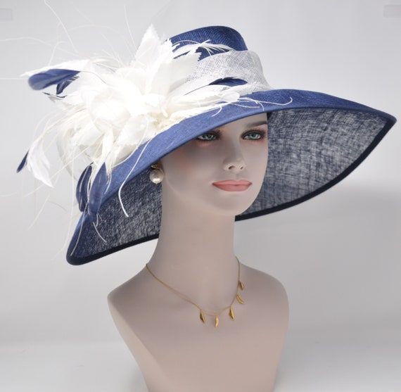 New Navy Blue Fascinator Derby Hat Tea Garden Party Hat Race Day Headwear Navy Blue White Wide Brim Sinamay Hat Kentucky Derby Hat  main image 2