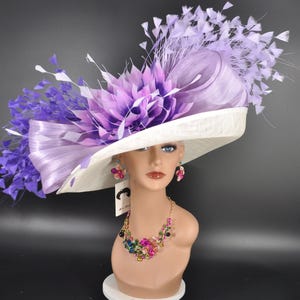 Church Kentucky Derby Hat Carriage Tea Party Wedding Wide Brim Sinamay Hat Ivory w Mix Purple Lavender Lilac