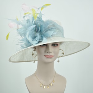 Church Kentucky Derby Hat Carriage Tea Party Wedding Wide Brim   Hat in Solid Sinamay Hat White with light/Powder  blue