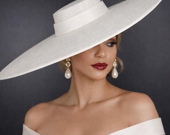 White Super Wide Brim Sinamay Fascinator Hat  Ascot Royal Hat Wedding Race Day Kentucky Derby Party Mother of the Bride Studio Photoshoot