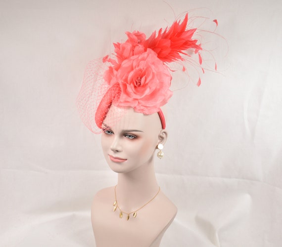 Emma B Design Balfour Hats England Coral Pink Sinamay Feather Fascinator Hat Coral Pink Feather Fascinator: Sinamay Derby Hat Headband - Etsy main image 2