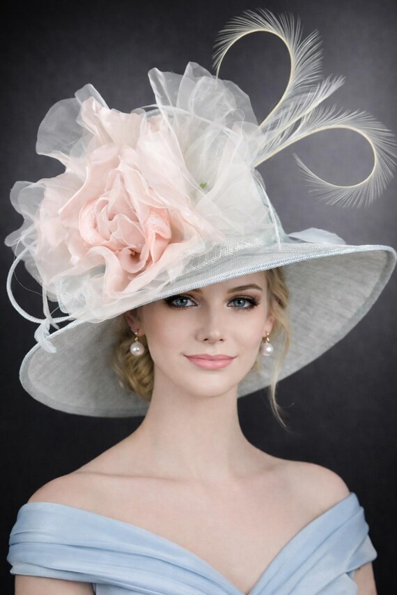 Handmade Powder Blue & Baby Pink Never Worn Derby 17” Brim Peony Floral Hat What hat or fascinator to wear with coral dress? main image 2