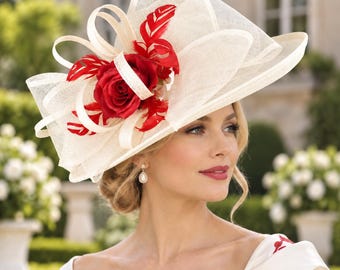 Ivory Off White Red Rose  Wide Brim Sinamay Hat for Kentucky Derby, Ascot Racing Hat, Elegant Wedding Guest Hat, Mother of the Bride Hat