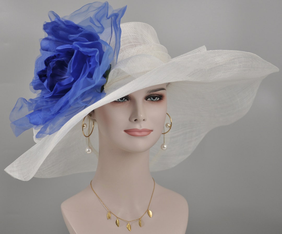 White W Royal Blue Silk Flower Wide Brim Sinamay Hat Kentucky Etsy