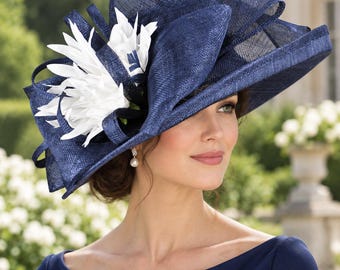 Wide Brim Sinamay  Hat for Kentucky Derby, Ascot Racing Hat, Wedding Guest Hat, Mother of the Bride Hat Navy Blue w White Flower