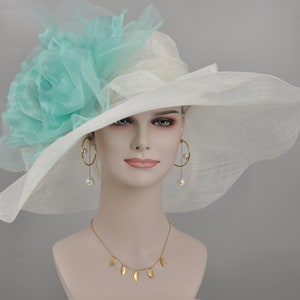 White w Turquoise Jumbo Silk Flower, Kentucky Derby hat, Church hat, Wedding hat, Tea Party hat , Floppy Wide Brim Sinamay Dress Hat