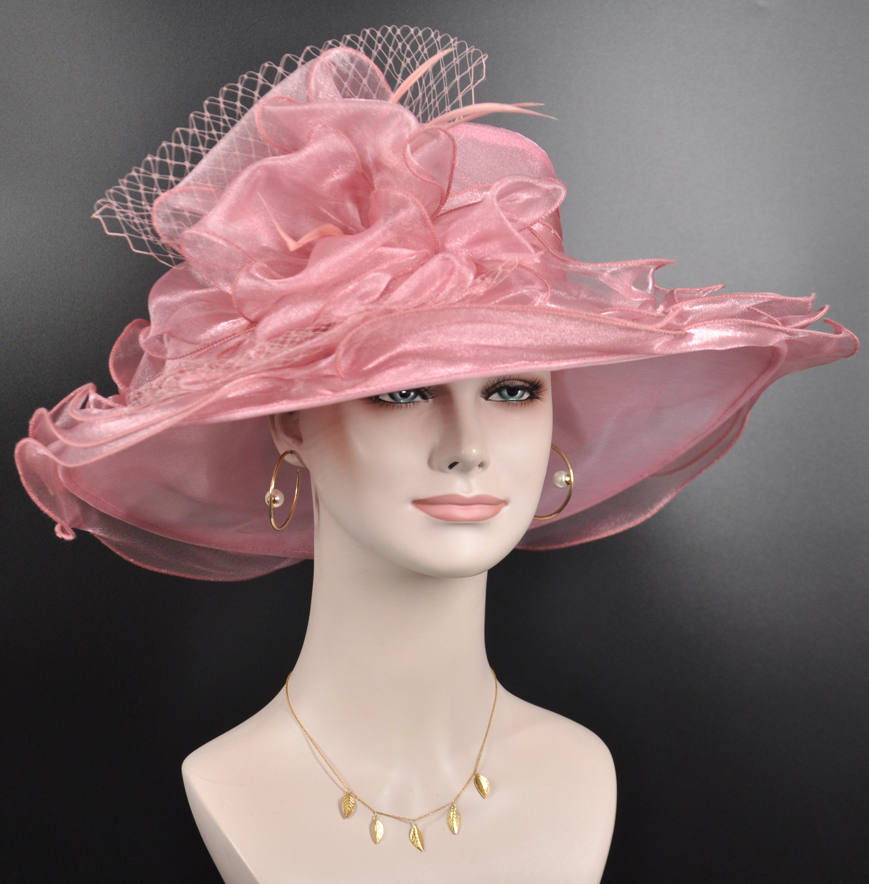 Kentucky Derby Hat Pink Organza Wide Brim Floral CLASSY KENTUCKY DERBY ORGANZA FLORAL WIDE BRIM HAT MEZ2595  main image 3