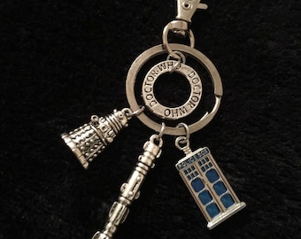 Handmade Tardis inspired Keyring Bag clip zip clip silver blue police box phone box charm pendant sonic screwdriver darlek