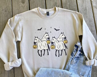 Ghost Horses Halloween Print Sand Tan Crewneck Sweatshirt Pullover Tee Fall Pumpkin October Farm Bats Sheet Trick or Treat Jack O Lantern