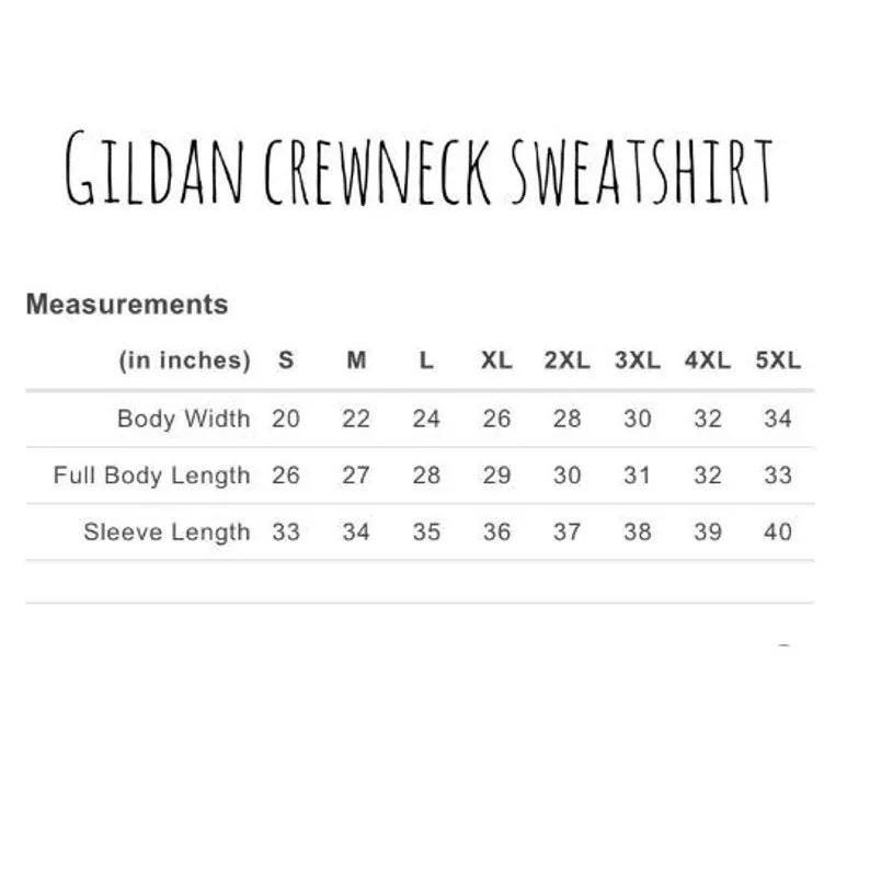 May include: Size chart for a Gildan crewneck sweatshirt, showing measurements in inches for body width, full body length, and sleeve length. Sizes range from S to 5XL.