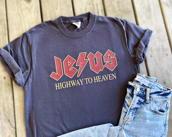 Jesus Highway to Heaven DTF Screenprint Unisex Graphite Tee Shirt T-Shirt Vintage Church Christian Religious Bible Verse Classic Rock