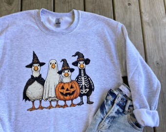 Halloween Witch Skeleton Ghost Goose Duck Print Ash White Gray Black Crewneck Sweatshirt Pullover Tee Fall Pumpkin October Geese Porch Cute