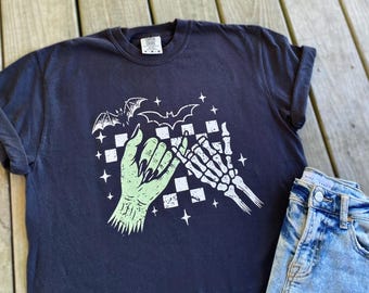 Checkered Skeleton Monster Hands Pinky Promise DTF Screenprint Unisex Black Tee Shirt T-Shirt Vintage Halloween Fall Racing Bats Nails