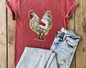 Chicken Hen Poultry Sequin Chenille Patch Unisex Brick Red Tee Shirt T-Shirt Farm Fair Show Rooster Homestead
