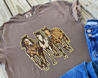 Horse Equine Sequin Chenille Patch Unisex Brown Espresso Tee Shirt T-Shirt Farm Fair Show