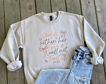 God Is Within Her She Will Not Fall Psalm 46:5 Print Sand Tan Crewneck Sweatshirt Pullover Tee Autumn Leaves Bows Acorn Pumpkin October Farm