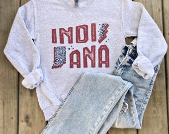 Indiana Lightning Bolt Leopard Print Ash White Gray Black Crewneck Sweatshirt Pullover Tee Basketball Football Game