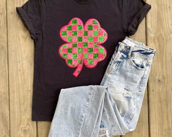 Pink Green Checkered Shamrock Sequin Chenille Patch Unisex Black Tee St. Patty’s Patrick’s Day