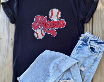Baseball Mama Ballpark Red White Sequin Chenille Patch Unisex Black Tee Shirt T-Shirt