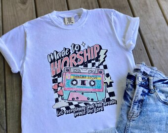 Made to Worship Psalms 150:6 DTF Screenprint Unisex White Tee Shirt T-Shirt 90s Y2K Pink Checkered Race Church Christian Praise the Lord