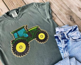 Big Green Tractor Yellow Sequin Jewel Chenille Patch Unisex Sage Green Tee Shirt T-Shirt Farm Farmer Wife Fair Show Ranch Homestead
