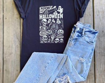 Halloween Ghouls Monsters Skeleton Ad DTF Screenprint Unisex Black Tee Shirt T-Shirt Vintage Fall Bats Nightmare Dracula Ghost Psycho