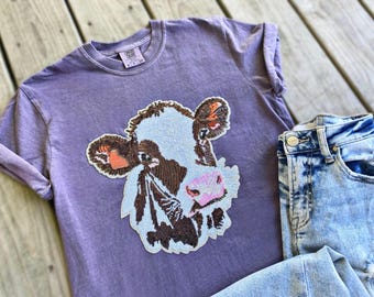 Cow Cattle Dairy Brown Red Holstein Sequin Jewel Chenille Patch Unisex Plum Purple Tee Shirt T-Shirt Farm Farmer Fair Show Ranch Homestead