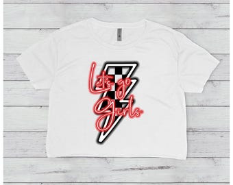Let's Go Girls Checkered Flag Racing White Crop Top Cropped T-Shirt Red Neon Lightning Bolt Sprint Car Dirtbike Summer Western Country