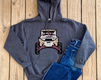 SXS Side By Side UTV Outdoors Leopard Black Pink Chenille Patch Unisex Gray Grey Hoodie Sweatshirt Tee