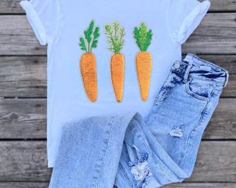 Carrot Trio Three Carrots Sequin Chenille Patch Unisex White Tee Easter Spring Garden Summer Homestead