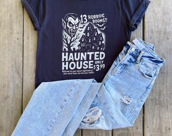 Haunted House Ad Vampire DTF Screenprint Unisex Black Tee Shirt T-Shirt Vintage Halloween Fall Bats Nightmare Dracula 13 Thirteen