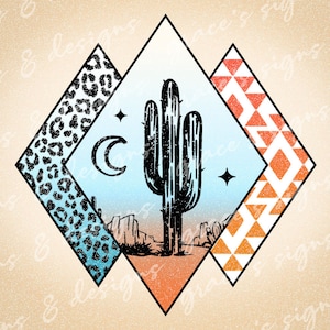 May include: A geometric design featuring a black and white cactus illustration in the center. The cactus is surrounded by three diamond shapes with different patterns: a blue and black leopard print, a white and orange geometric pattern, and a white and red geometric pattern.