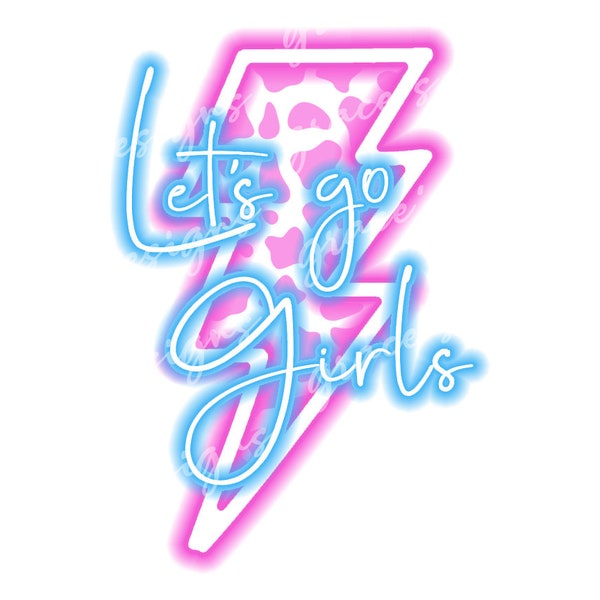 Let's Go Girls Blue Pink Neon Lightning Bolt Cow Print Cowhide Design File JPEG, PNG for shirts, decals, sublimation, cricut, silhouette